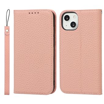 Capa de Couro Dourado Genuíno Anti-riscos, Textura de lichia com Suporte e Alça Rosa para iPhone 13 6.1'' - 1