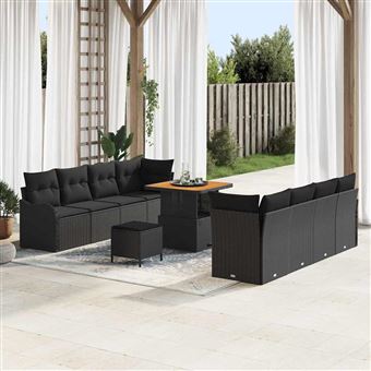 Conjunto de Sofá de Jardim com Almofada vidaXL | 11 Peças | Preto vime PE - 1
