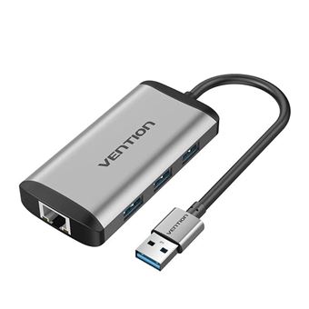 Docking Station Vention | USB 3.0 para 3 x USB 3.0 + Gigabit Ethernet LAN RJ45 - Cinzento Metalizado - 1