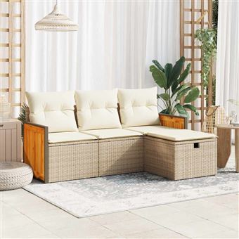 Conjunto de Sofás para Jardim com Almofadões vidaXL | 4 Peças | vime PE bege - 1