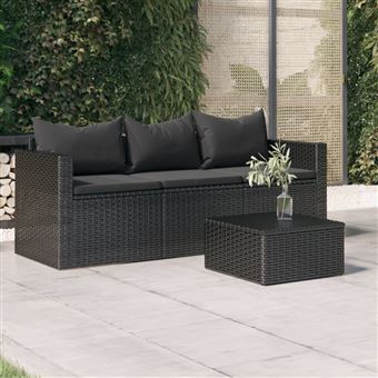 Sofá de Jardim vidaXL 3 lugares com Almofadões | vime PE preto - 1