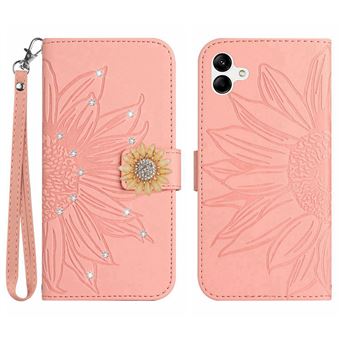 Capa FOXDOCK para Samsung Galaxy A06 | Flip | Porta-Cartões Magnético | Alça Removível | Girassol em Relevo e Diamantes | Rosa - 1