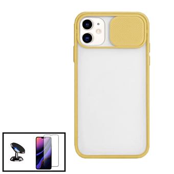 Kit Phonecare Capa Slide Window Anti Choque Frosted + Película 5D Full Cover + Suporte Magnético de Carro para iPhone 11 - Amarelo - 1