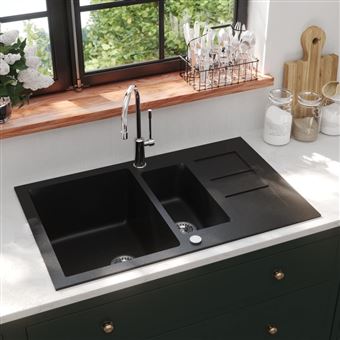 Lava-louça com Cuba Dupla vidaXL | Granito Preto - 1