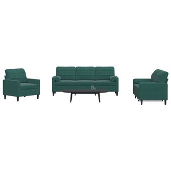 Conjunto de sofás com almofadas vidaXL | 3 peças | com rolos veludo | verde-escuro - 1