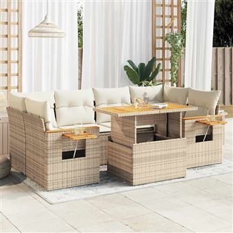 Conjunto de sofás para jardim com almofadões vidaXL | 7 Peças | vime PE/acácia bege - 1