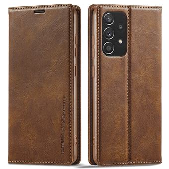 Capa PU LC.IMEEKE à prova de choque, função de bloqueio RFID, fecho magnético com apoio para Samsung Galaxy A53 5G - Castanho - 1