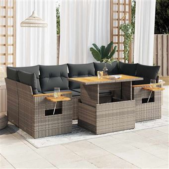 Conjunto de sofás para jardim com almofadões vidaXL | 7 Peças | vime PE/acácia cinzento - 1