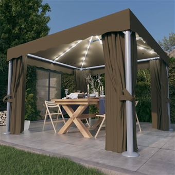 Gazebo vidaXL com cortinas e cordões de luzes 3x3 m cinza-acastanhado - 1