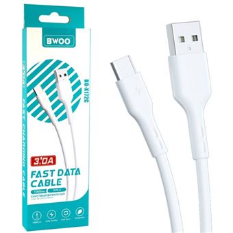 Cabo USB - Tipo C | BWOO Carregamento Rápido 3A | Xiaomi Huawei Samsung One Plus - Alta Qualidade - 1,2 m - Branco USB C - 1