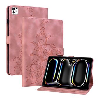 Capa FLOODKING para iPad Pro 13 2024 | Couro PU Premium | Design em Relevo de Lírio | Suporte Dobrável | Porta-Caneta | Rosa - 1