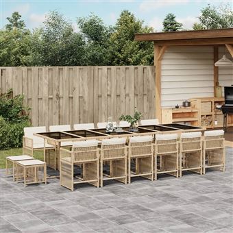 Conjunto de Jantar para Jardim com Almofadões vidaXL | 17 Peças | vime PE bege - 1