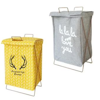 Cesto de roupa CO-Phénix Dobrável com Tampa para Casa de Banho, Quarto, Casa | 2 peças | Amarelo+Cinza - 1