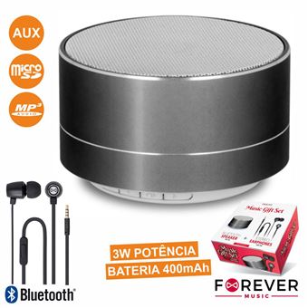Conjunto Coluna Bluetooth Portátil 3W e Auscultadores Stereo Forever Preto