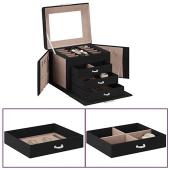 Caixa para jóias de 4 camadas com espelho com fechadura vidaXL | Preto - 1