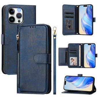 Capa FOXDOCK para iPhone 15 Pro Max | Pele PU com Fecho | Porta-Cartões | Alça de Mão | Azul - 1