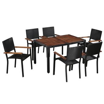 Conjunto Jantar Exterior vidaXL 1 Mesa e 6 Cadeiras Vime PE e Madeira Acácia Preto - 1