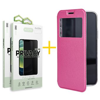 Pack 2 x Película de Vidro Temperado Anti-Spy + Capa Accetel  Apple iPhone 14 Gandy Flip Cover - Rosa - 1