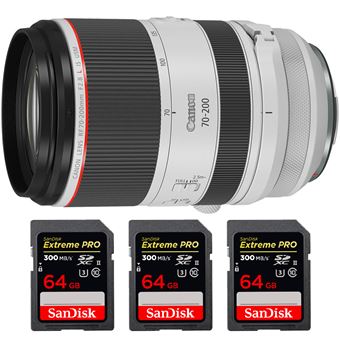 Canon RF 70-200 mm f/2,8L IS USM + 3 SanDisk 64GB Extreme PRO UHS-II SDXC 300 MB/s + PDF 15 Técnicas para Melhorar as suas Fotografias - 1
