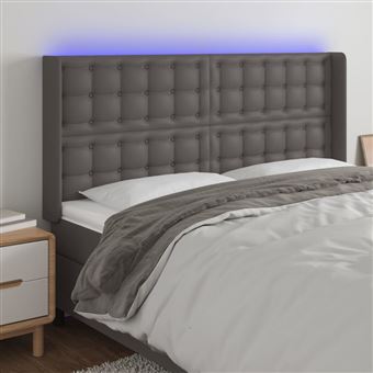 Cabeceira de cama vidaXL com LED couro artificial 203x16x118/128 cm cinzento - 1
