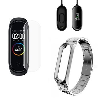 Kit Phonecare Pulseira Bracelete Aço Stainless Lux + Ferramenta + Carregador Usb Charger + Película Protectora Ecrã Gel Full Cover para Xiaomi Mi Band 4 - Cinza - 1