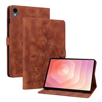 Capa FLOODKING para Samsung Galaxy Tab S11 | Couro PU Premium | Design em Relevo de Lírio | Suporte Dobrável | Porta-Caneta | Castanho - 1