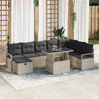 Conjunto de Sofá de Jardim com Almofada vidaXL | 9 Peças | Cinzento-claro - 1