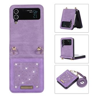 Capa PU Função de bloqueio de RFID, decoração de strass com alça de ombro Magunivers para Samsung Galaxy Z Flip3 5G - roxo - 1