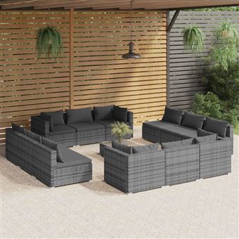 Conjunto lounge de jardim vidaXL 13 peças com almofadões vime PE cinzento - 1