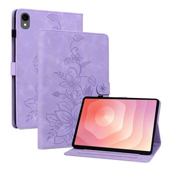 Capa FLOODKING para Samsung Galaxy Tab S11 | Couro PU Premium | Design em Relevo de Lírio | Suporte Dobrável | Porta-Caneta | Roxo - 1