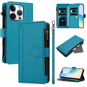 Capa FOXDOCK para iPhone 16 Pro | Pele Premium | 9 Compartimentos para Cartões | Alça de Pulso Amovível - Azul claro - 1