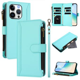 Capa FOXDOCK para iPhone 16 Pro | Pele Premium | 9 Compartimentos para Cartões | Alça de Pulso Amovível - Verde claro - 1