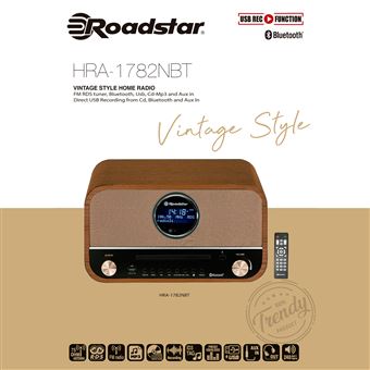 Aparelhagem de Som Vintage Roadstar | Rádio Digital FM | Leitor de CD-MP3 | Bluetooth | Gravação e Reprodução | USB HRA-1782NBT | Madeira - 1