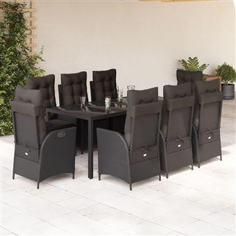 Conjunto de jantar para jardim vidaXL | 9 peças | com almofadões vime PE preto - 1