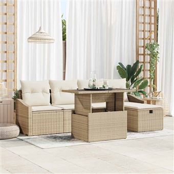 Conjunto de Sofá de Jardim com Almofada vidaXL | 6 Peças | Bege vime PE - 1