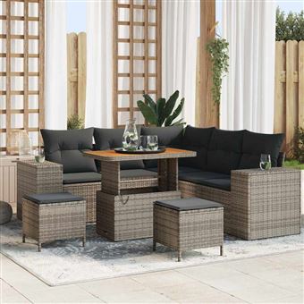 Conjunto de Sofá de Jardim com Almofada vidaXL | 8 Peças | Cinzento vime PE - 1