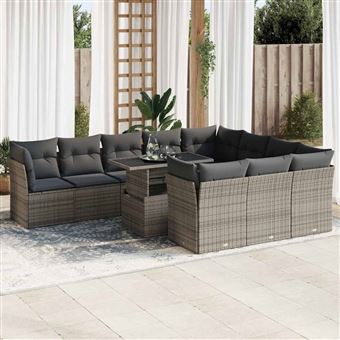 Conjunto de sofás para jardim com almofadões vidaXL | 11 Peças | vime PE cinzento - 1