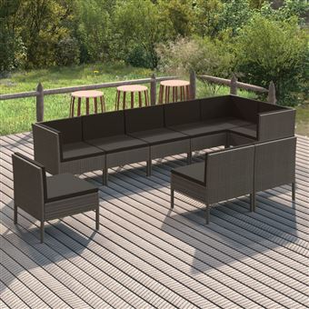 Conjunto lounge de jardim vidaXL 9 peças com almofadões vime PE cinzento - 1