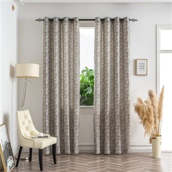 Cortina jacquard BOD HOME | bege com folhas em linho grosso | 140x260cm | individual - 1