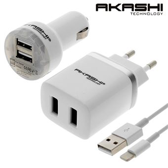 Carregador Akashi 2x USB + Carregador Carro 2.1A 2x USB + Cabo para iPhone Branco - 1