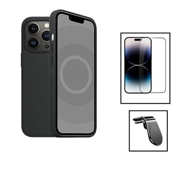 Kit Phonecare Película de Vidro Temperado 5D Full Cover + Capa Silicone Líquido + Suporte Magnético L Safe Driving Carro para Apple iPhone 15 Pro Max - Preto - 1