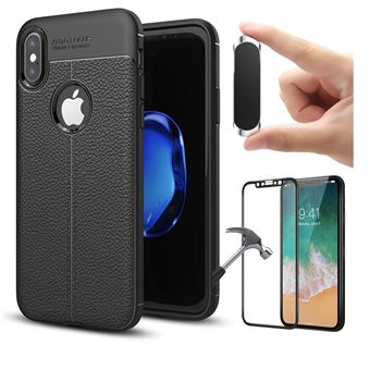 Kit Película + Capa Rugged Leather + Suporte Magnético PhoneShield Flexguard para iPhone X | Full Cover | Reaplicável - Preto