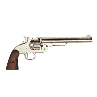 Réplica Denix do calibre de Revolver 45 Schofield dos Estados Unidos ano de 1869 36 cm de madeira e metal cor prata com cano cego - 1