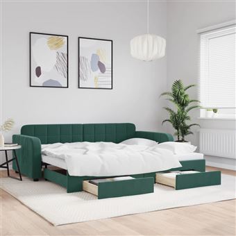 Sofá-cama com Gavetão e Gavetas vidaXL | 90x200 cm | veludo verde-escuro - 1