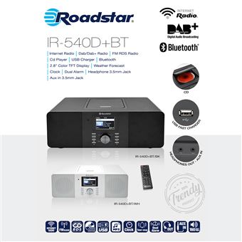 Micro System Roadstar Rádio Wi-Fi Internet e Digital DAB+/ FM | Leitor de CD-MP3 | Bluetooth | USB IR-540D+BTWH | Branco - 1