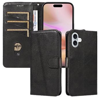 Capa FOXDOCK para iPhone 16 Plus | Fecho Magnético | Compartimentos para Cartões e Suporte | Pele PU | À Prova de Choque | Preto - 1