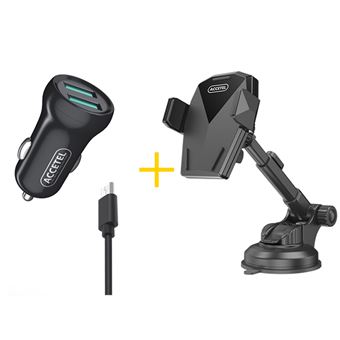 Pack Auto | Suporte Accetel SP129 + Cabo Micro-USB + Carregador para Huawei Y6 2019 Accetel CC264 2X USB 2.4A Preto - 1