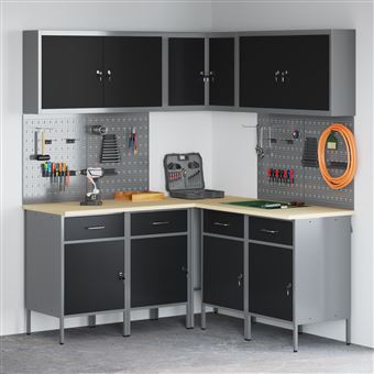 Conjunto de Armário e Painel de Ferramentas vidaXL | 12 Peças | Preto em MDF e Metal - 1