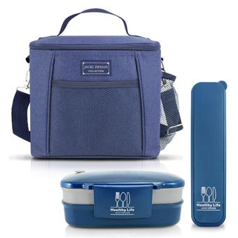 Conjunto Jacki Design Lancheira Térmica + Pote Marmita  de 2 Compartimentos + Porta Talheres - Azul - 1