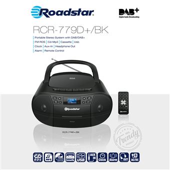 Rádio CD Player Portátil Roadstar | DAB/ DAB+/ FM | Leitor de CD-MP3 | Cassete | USB | Controlo Remoto | AUX-IN RCR-779D+/BK | Preto - 1
